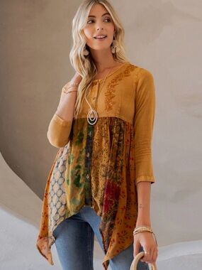 Mustard Mixed-Print Babydoll Top